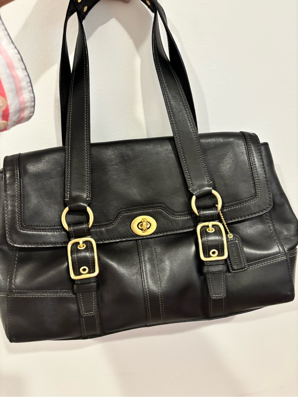 Vintage Coach Classic Black Leather Tote with Gold Hardware